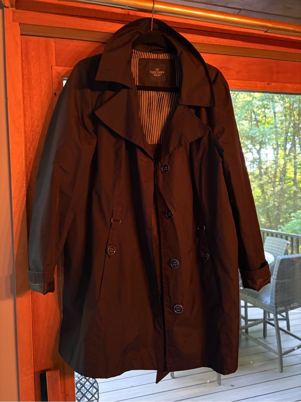 Faded Glory Black Trench Coat with Stripe Lining/Pop Collar